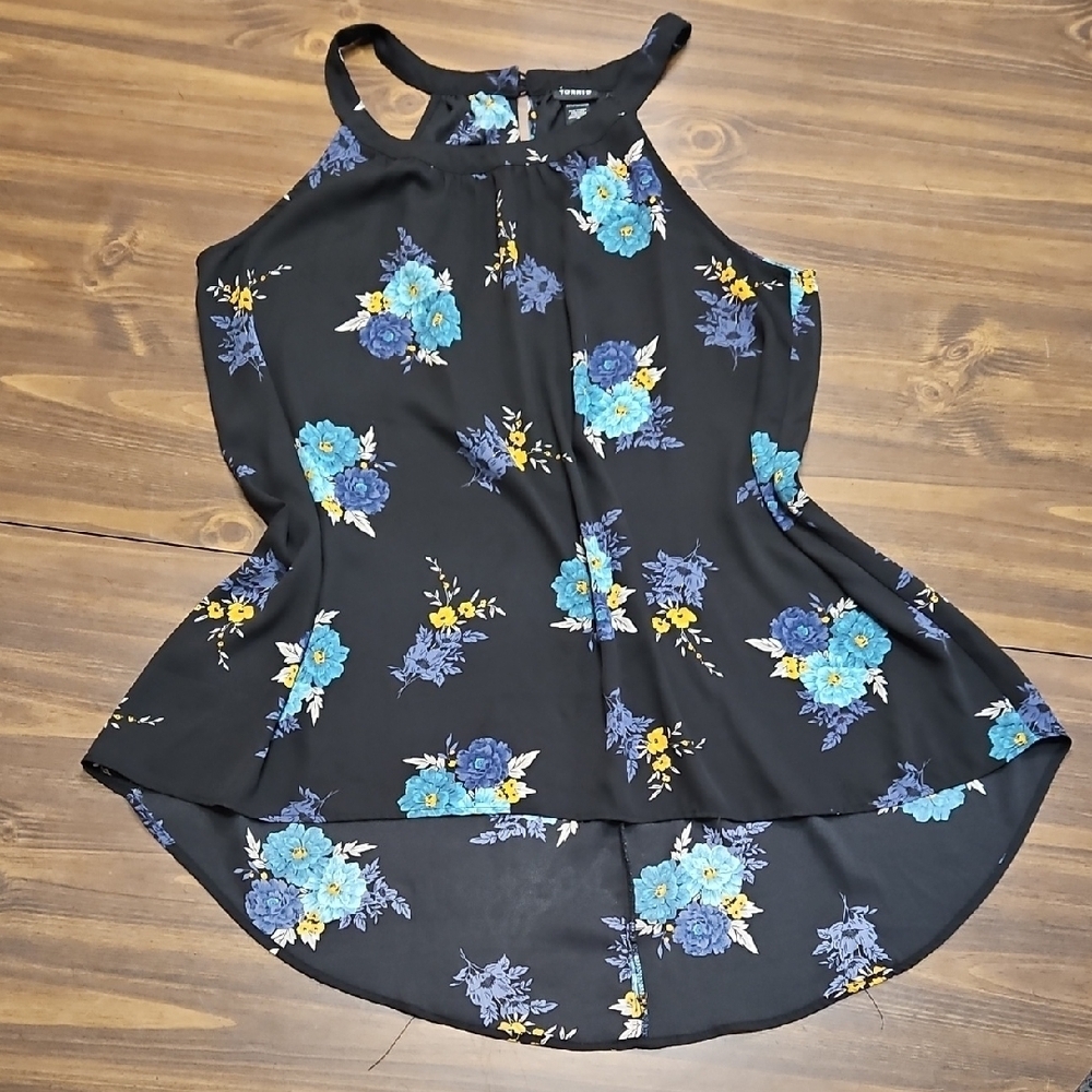 Torrid Black Tank Top with Blue and Yellow Floral Design